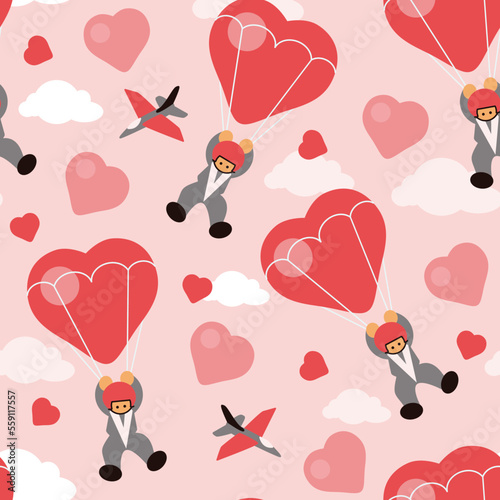 Cute seamless pattern with hearts, parachutist, parachute, plane at sky in flat style. Beautiful unusual print for valentines day for fabric, clothes, background, textile, wrapping paper.