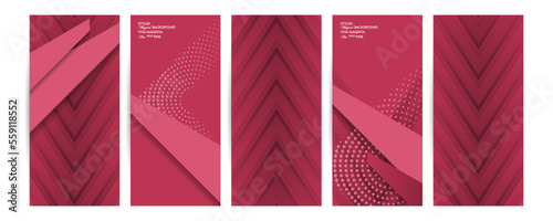 Natural real pink Viva Magenta color tones card templates set. Collection of romantic invitations with abstraction background lines and dots