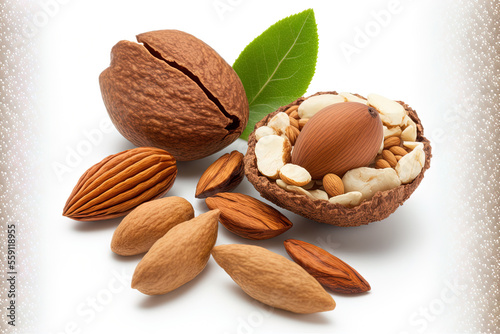 Delicious almonds and nuts, isolated on a white background. Generative AI