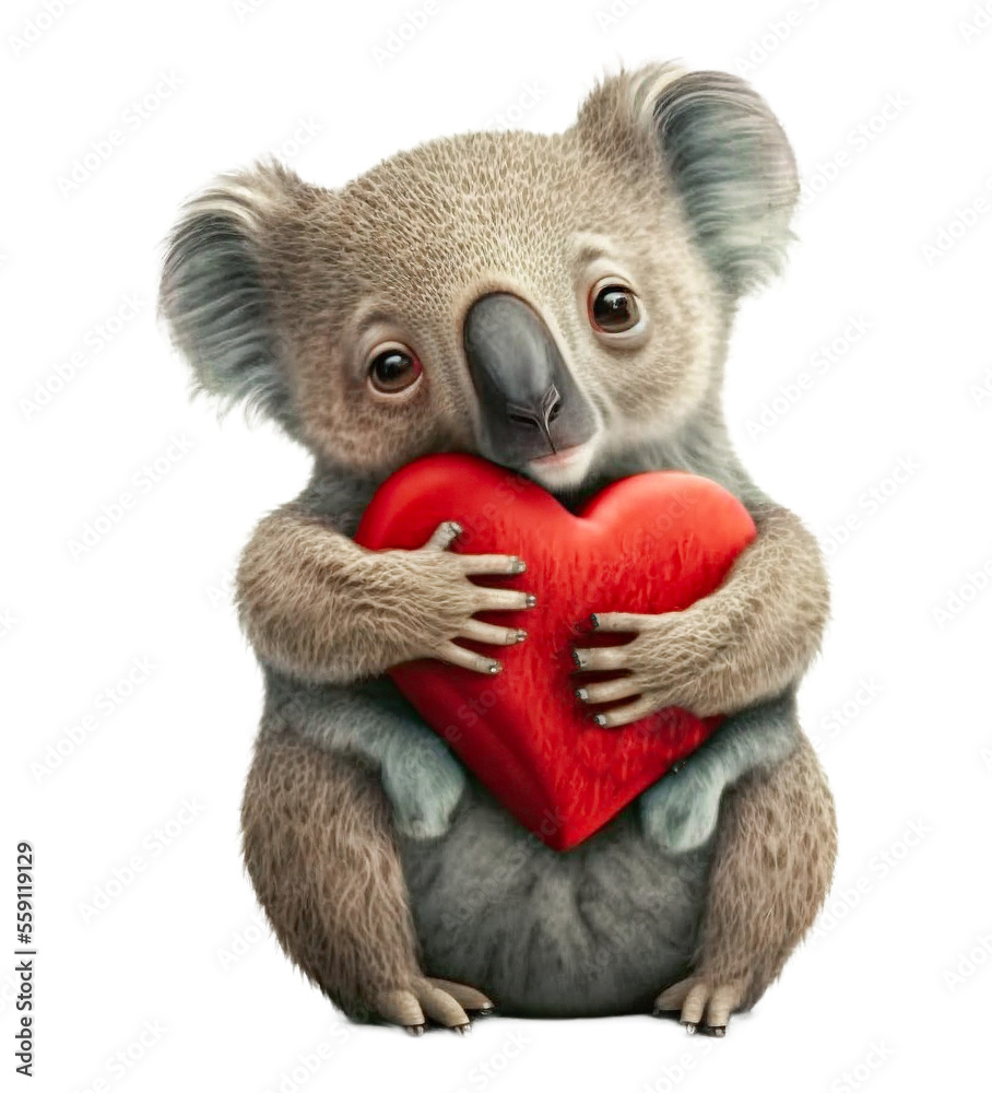 Cute adorable koala bear holding a red valentine heart isolated on a transparant background - generative AI Cute adorable koala bear holding a red valentine heart isolated on a transparant background - generative AI