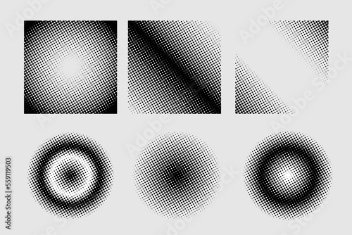 Set of halftone dots curved gradient pattern texture isolated on white background.