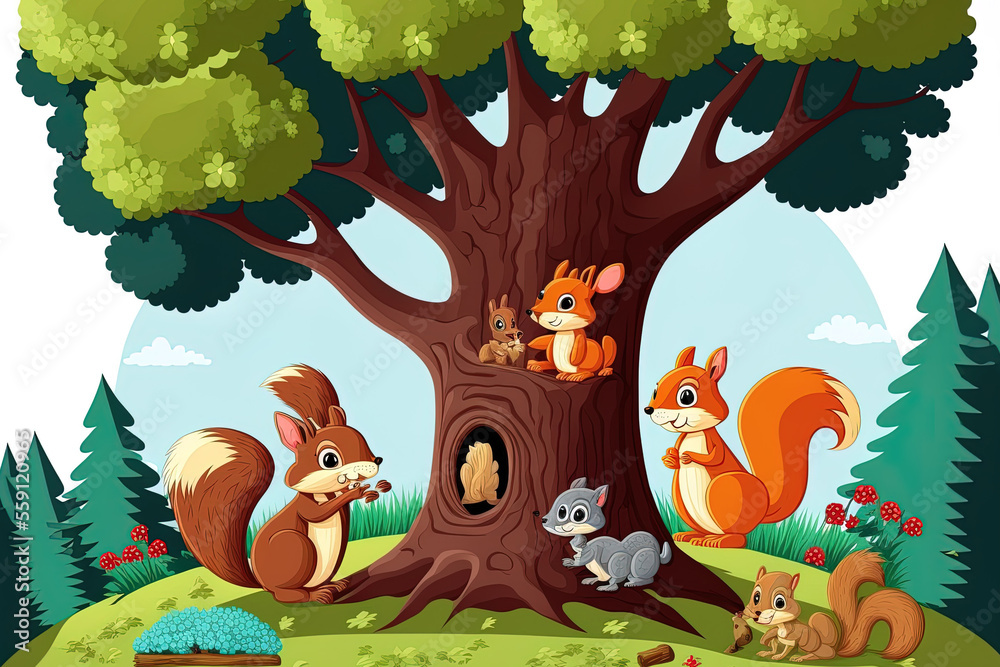 Squirrels on a tree in a scene. Generative AI Squirrels on a tree in a scene. Generative AI