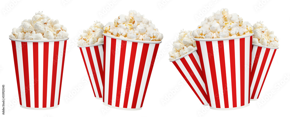 Obraz premium Set of delicious popcorn carton cups, isolated on white background