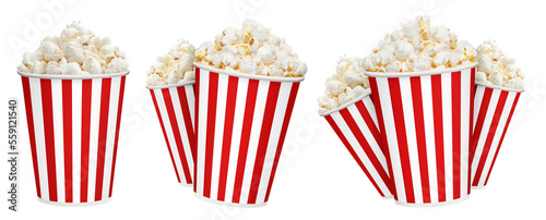 Set of delicious popcorn carton cups, isolated on white background
