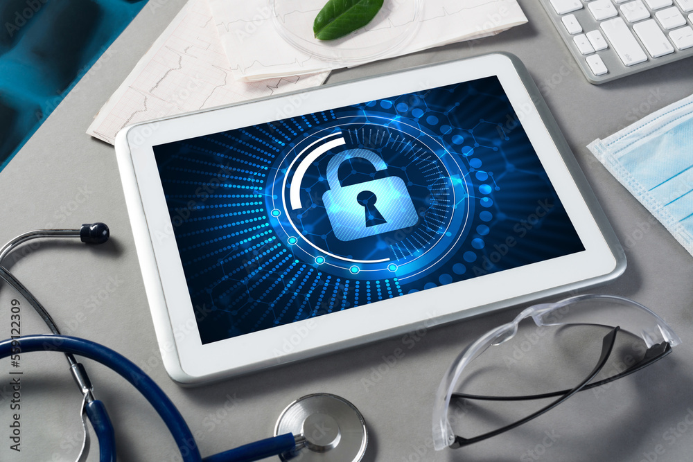 Web security and technology concept with tablet pc on table Web security and technology concept with tablet pc on table