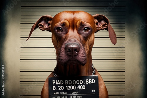 Fotobehang mugshot of wanted dog holding a banner generative ai