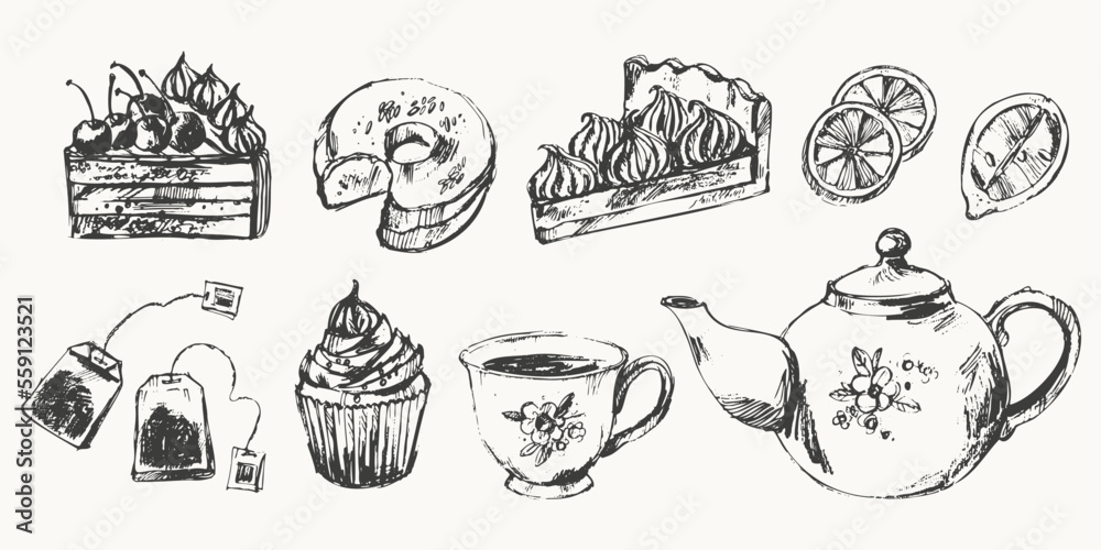 Sweet dessert cake, donut, cupcake, tea cup, teapot.