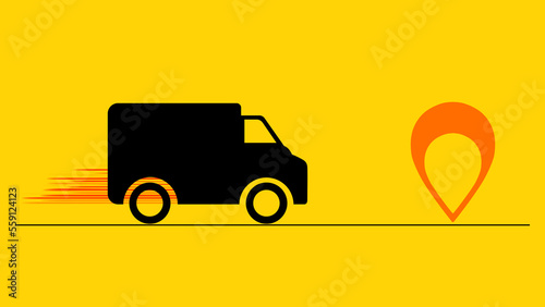 Delivery truck icon in black. Moving towards the destination. On a yellow background. destination. Delivery. Road. Logistics. Package