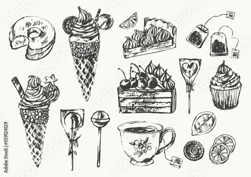 Sweet dessert cake, donut, cupcake, tea cup, teapot.