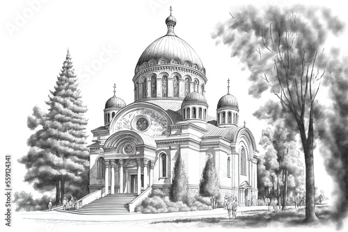 a drawing of a church in Europe. Generative AI