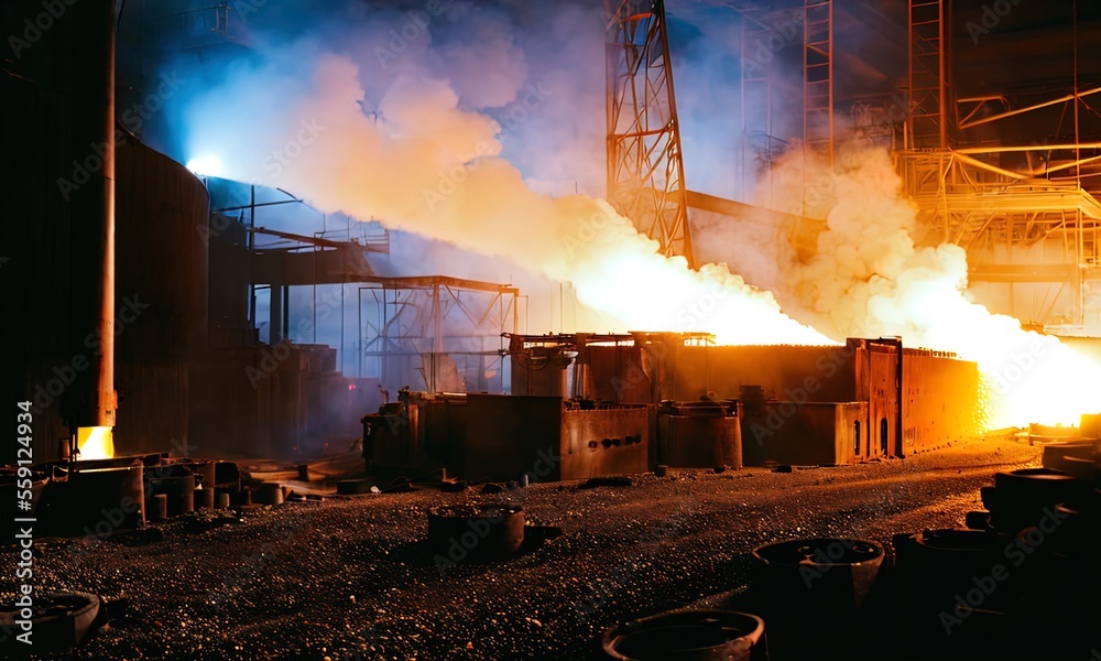 A giant metal factory with molten metal being worked on. A giant metal factory with molten metal being worked on.