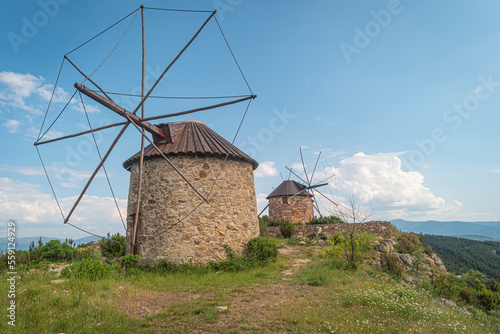 Stone windmills in Serra da Atalhada, Penacova, Coimbra, Portugal.