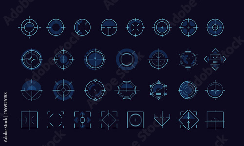 Aim pointer ui. HUD futuristic target radar frame, military weapon sniper cursor, virtual hologram element for dashboard infographic gaming design. Vector set of ui digital hud illustration