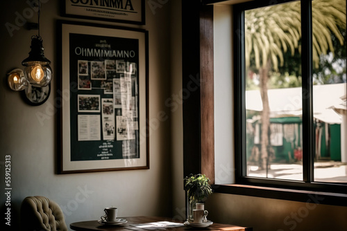 Interior decoration of the neighborhood specialty coffee shop OMNIA. Generative AI photo