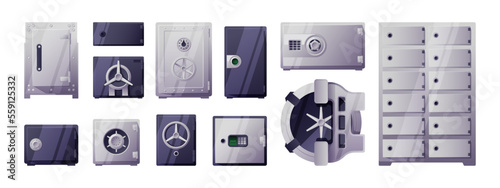Bank safe set. Cartoon money storage with lock code and security password, secure cash container, flat equipment banking savings systems. Vector collection of bank safe for money illustration