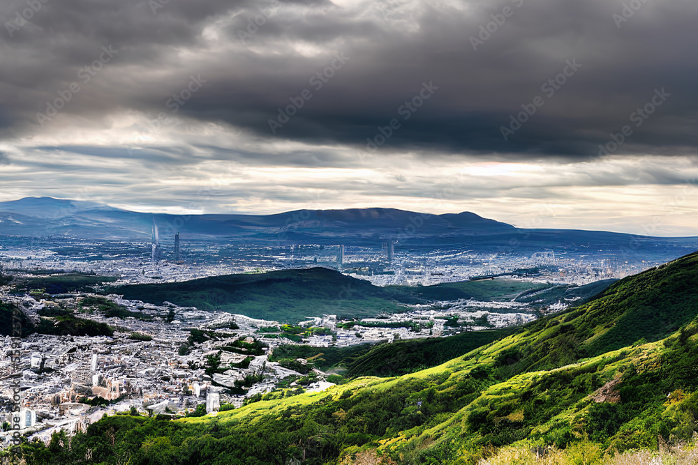 Scenic view of the city below the clouds