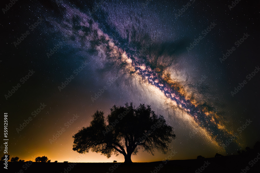 grainy long exposure shot of the milky way galaxy and a tree silhouette. Generative AI grainy long exposure shot of the milky way galaxy and a tree silhouette. Generative AI