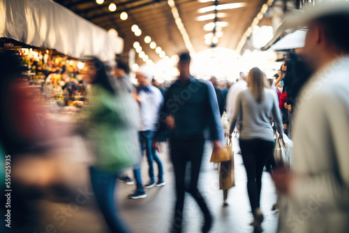 Fotografija individuals wandering at a market in a blur. Generative AI