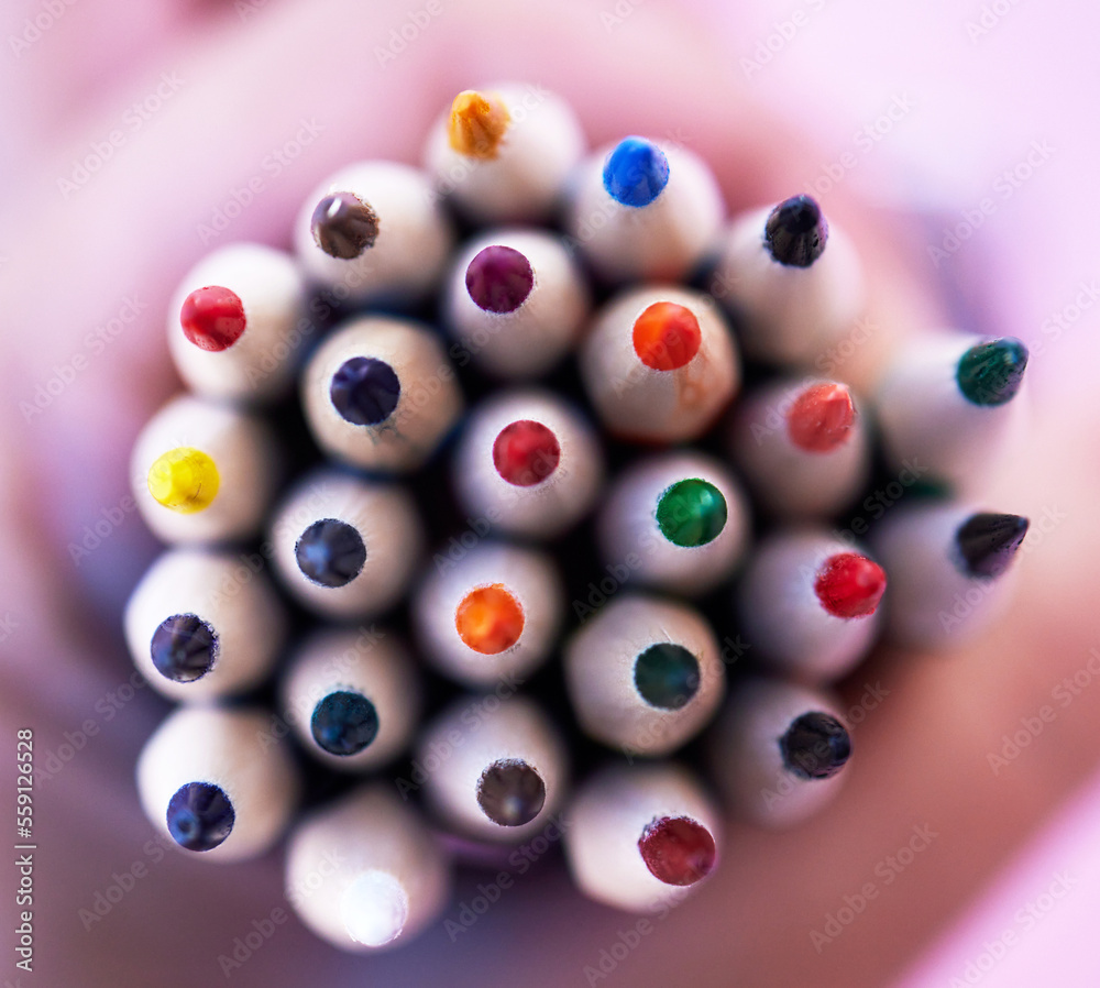 Close Up of a Colored Pencil Drawing a Colorful Rainbow Stock
