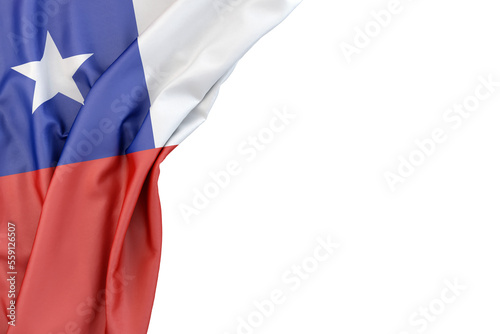 Fotografi Flag of Chile in the corner on white background. Isolated. 3D