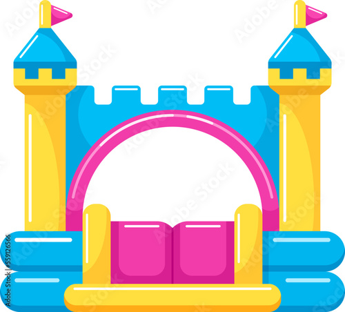 Bounce house, inflatable castle, children's trampoline or pool with slide for summer water games on playground, backyard, home party, aqua park. Vector icon, colorful flat isolated illustration