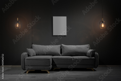 Gray corner sofa with lamps and blank picture, loft style © Waylander