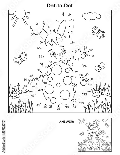 Easter dot-to-dot picture puzzle and coloring page with bunny and painted egg. Answer included.
