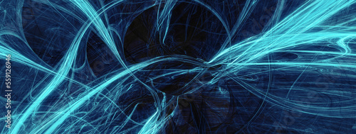 Abstract blue neon wave on dark background. Modern futuristic dynamic banner. Fractal artwork for creative graphic design