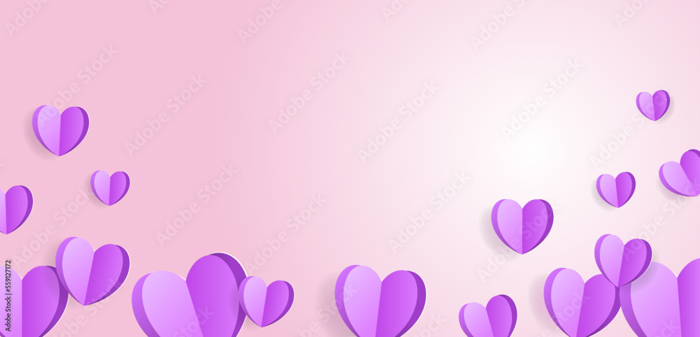 Paper cute elements heart flying on purple background. Happy Valentine's Day. Decorations for Valentine's day design