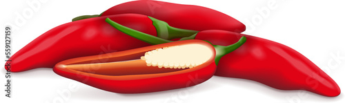 Whole and half of Tabasco Peppers. Hot peppers. Capsicum annuum. Chili pepper. Fresh, organic, raw, vegan vegetables. Vector illustration isolated on white background.
