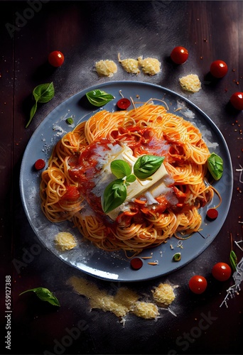 food photography, italian tasty spaghetti with tomato sauce. Ai Generative