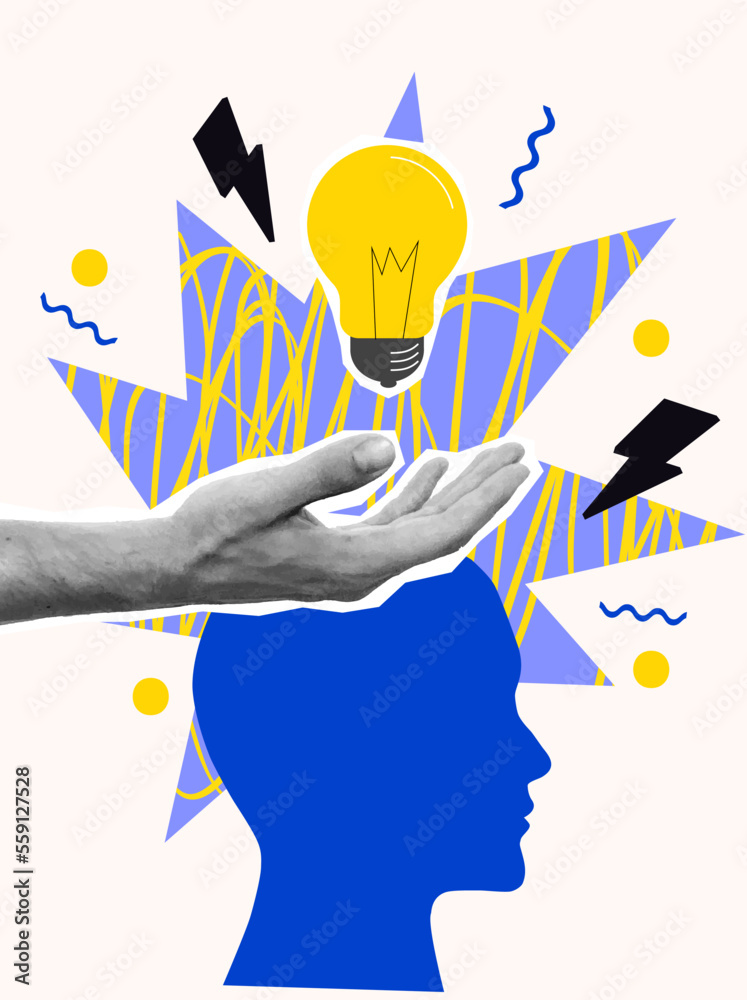 Creative mind or brainstorm or creative idea concept with abstract human head silhouette and hand holding bulb lamp surrounded abstract geometric shapes in bright colors. Vector illustration - obrazy, fototapety, plakaty 