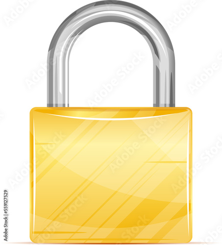 One locked padlock with gold and silver elements in front view, security tool isolated illustration, steel equipment for protection against burglary