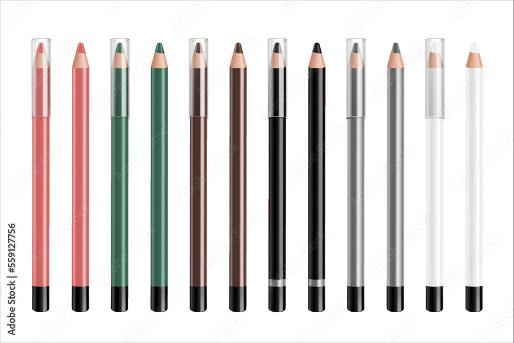 Set of cosmetic pencil, for brows, eyes or lips. Eyeliner for makeup, isolated on white background. Colour eyeliners. Professional decorative cosmetics. Realistic 3d vector illustration. Set of cosmetic pencil, for brows, eyes or lips. Eyeliner for makeup, isolated on white background. Colour eyeliners. Professional decorative cosmetics. Realistic 3d vector illustration.
