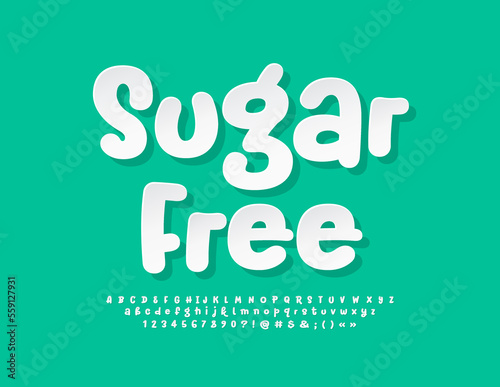 Vector health sign Sugar Free. White sticker Font, Paper style Alphabet Letters, Numbers and Symbols set