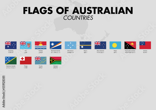 Australian countries Flags with country names and a map on a gray background. Vector illustration.