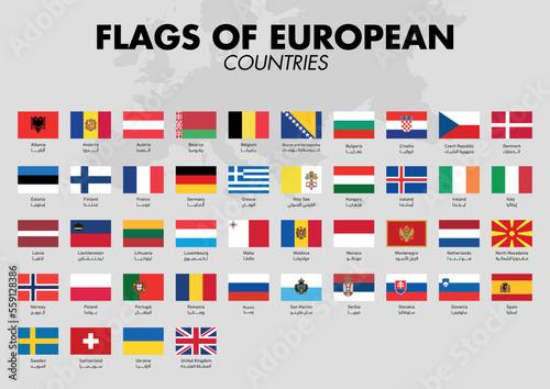 Fotografiet European countries Flags with country names and a map on a gray background
