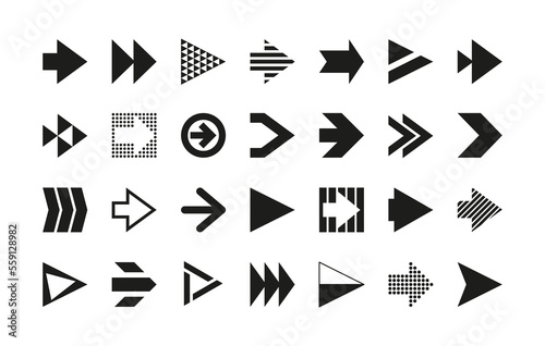 Black arrows. Simple navigation orientation pictograms, directional pointers and cursor click download buttons abstract flat style. Vector isolated set of right black arrow illustration