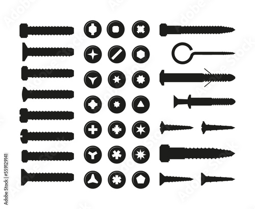 Black screws and bolts. Wall plug nail and nuts silhouettes repairing fasten tools, cartoon building carpentry supplies, wood and metal joints. Illustration of nut and screw