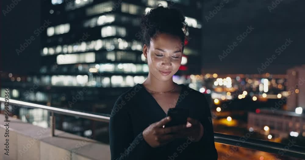 Social media, night chat and woman in city with phone for communication, meme and funny app at work. Comic, happy and business worker typing on a mobile for 5g connection in the dark during overtime
