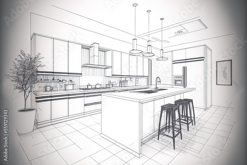 abstract kitchen interior design sketch. Generative AI photo