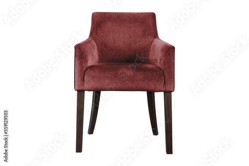 Soft red chair made of velor upholstery with a crash effect, interior chair on a transparent background