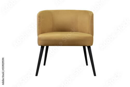 Soft yellow chair made of velor upholstery with crash effect, interior chair on a transparent background