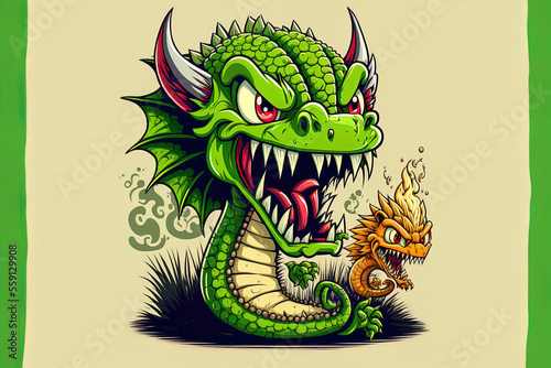Cartoon symbol of a furious dragon with an animal and a natural icon in the background. Generative AI