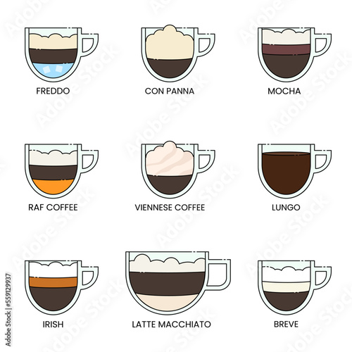 Delicious coffee icons set isolated. Freddo, con panna, mocha, raf coffee, viennese coffee, lungo, irish, latte macchiato, breve. Outlined drink vector illustration design