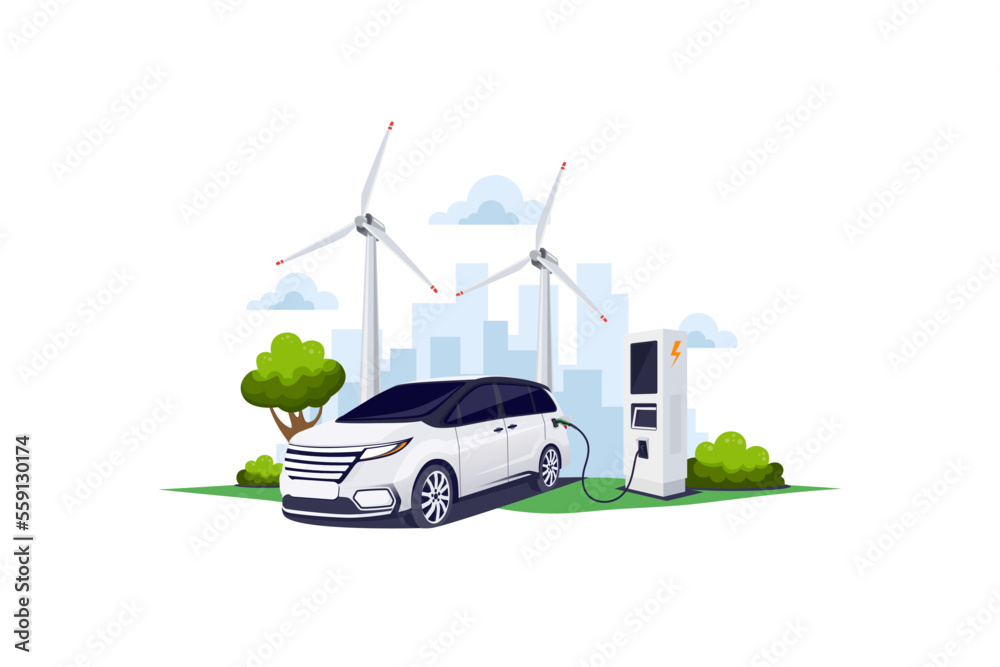 SUV Electric car are charging at the charger station with green energy source illustration concept - obrazy, fototapety, plakaty 