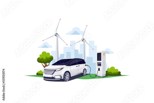 SUV Electric car are charging at the charger station with green energy source illustration concept