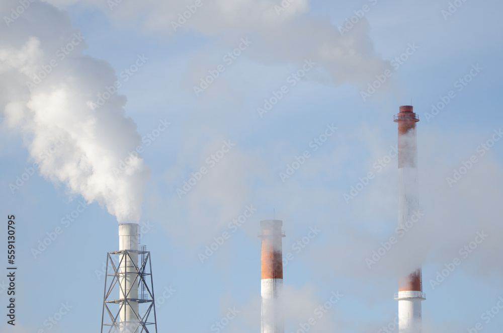 Chimneys of a pulp and paper industry. Nippon Paper Industries. Kushiro. Hokkaido. Japan.