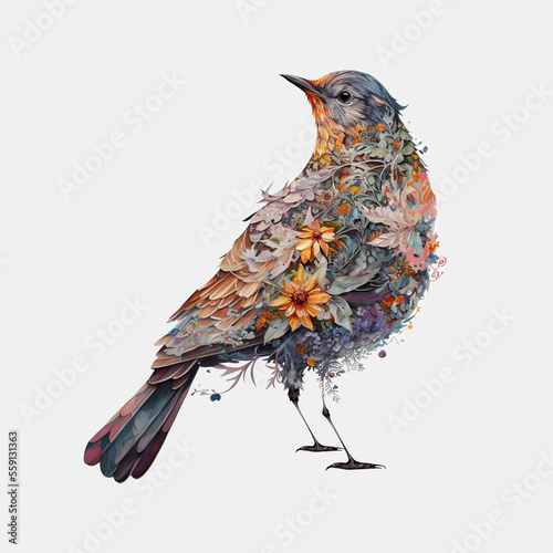 Painting of a bird made out of flowers with its body and wings composed of blooming flowers or petals. Generative AI