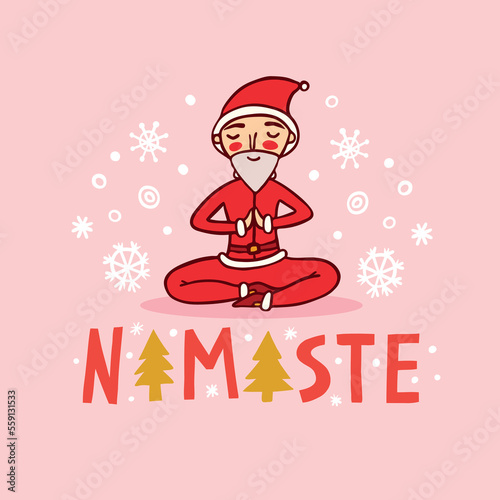 Meditating Santa Claus and word Namaste flat color character